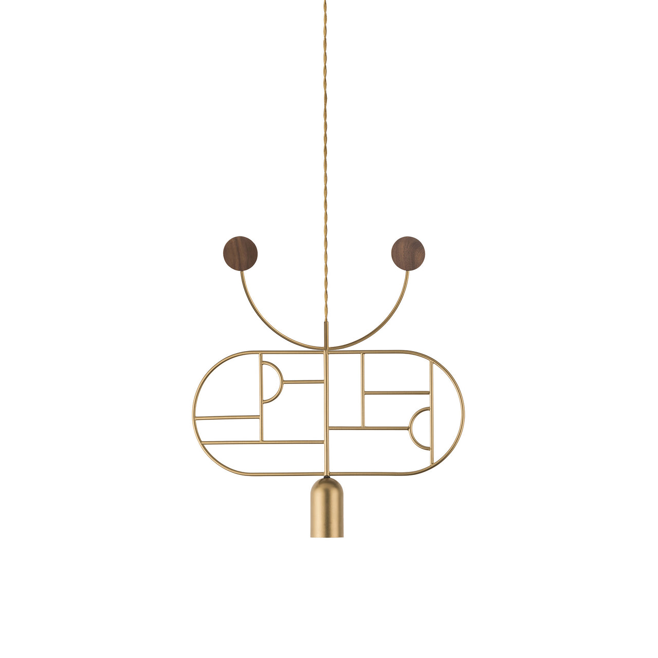 Wooden Dots Suspension Lamp with Stem: Horizontal Oval + Gold + 1 Curled Stem + Gold + Walnut