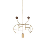 Wooden Dots Suspension Lamp with Stem: Horizontal Oval + Gold + 1 Curled Stem + Gold + Walnut