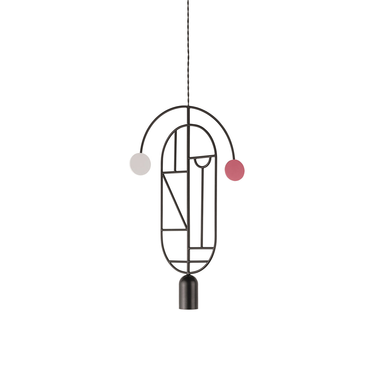 Wooden Dots Suspension Lamp with Stem: Vertical Oval + Graphite + 1 Stem + Graphite + White +Pink