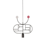 Wooden Dots Suspension Lamp with Stem: Horizontal Oval + Graphite + 1 Curled Stem + Graphite + Pink + Red