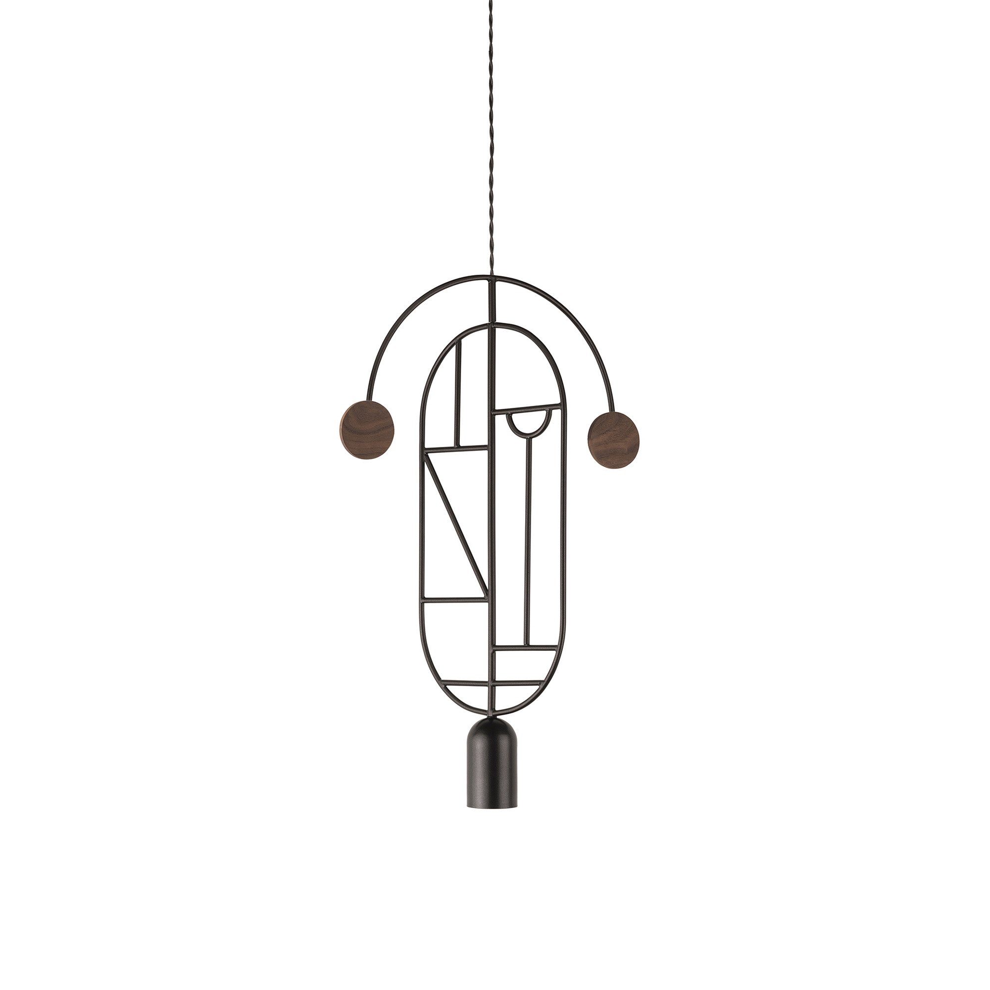 Wooden Dots Suspension Lamp with Stem: Vertical Oval + Graphite + 1 Curled Stem + Graphite + Walnut