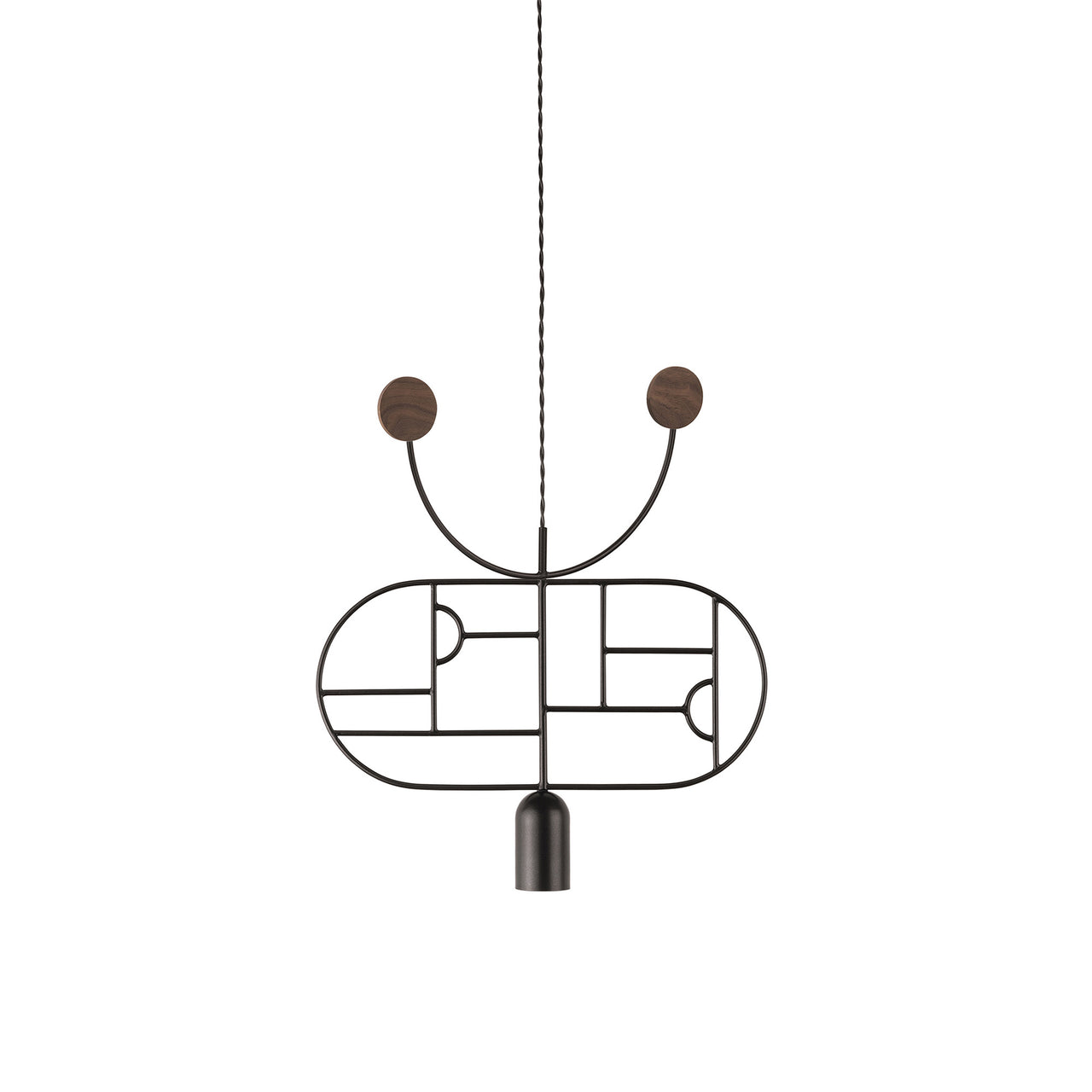 Wooden Dots Suspension Lamp with Stem: Horizontal Oval + Graphite + 1 Curled Stem + Graphite + Walnut