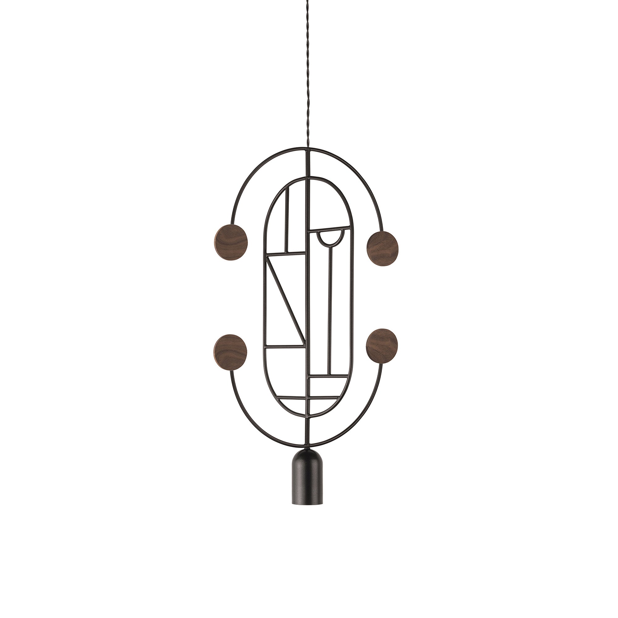 Wooden Dots Suspension Lamp with Stem: Vertical Oval + Graphite + 2 Curled Stem + Graphite + Walnut