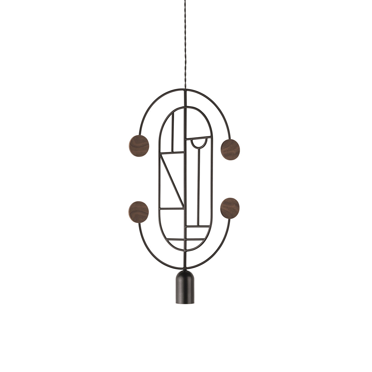 Wooden Dots Suspension Lamp with Stem: Vertical Oval + Graphite + 2 Curled Stem + Graphite + Walnut