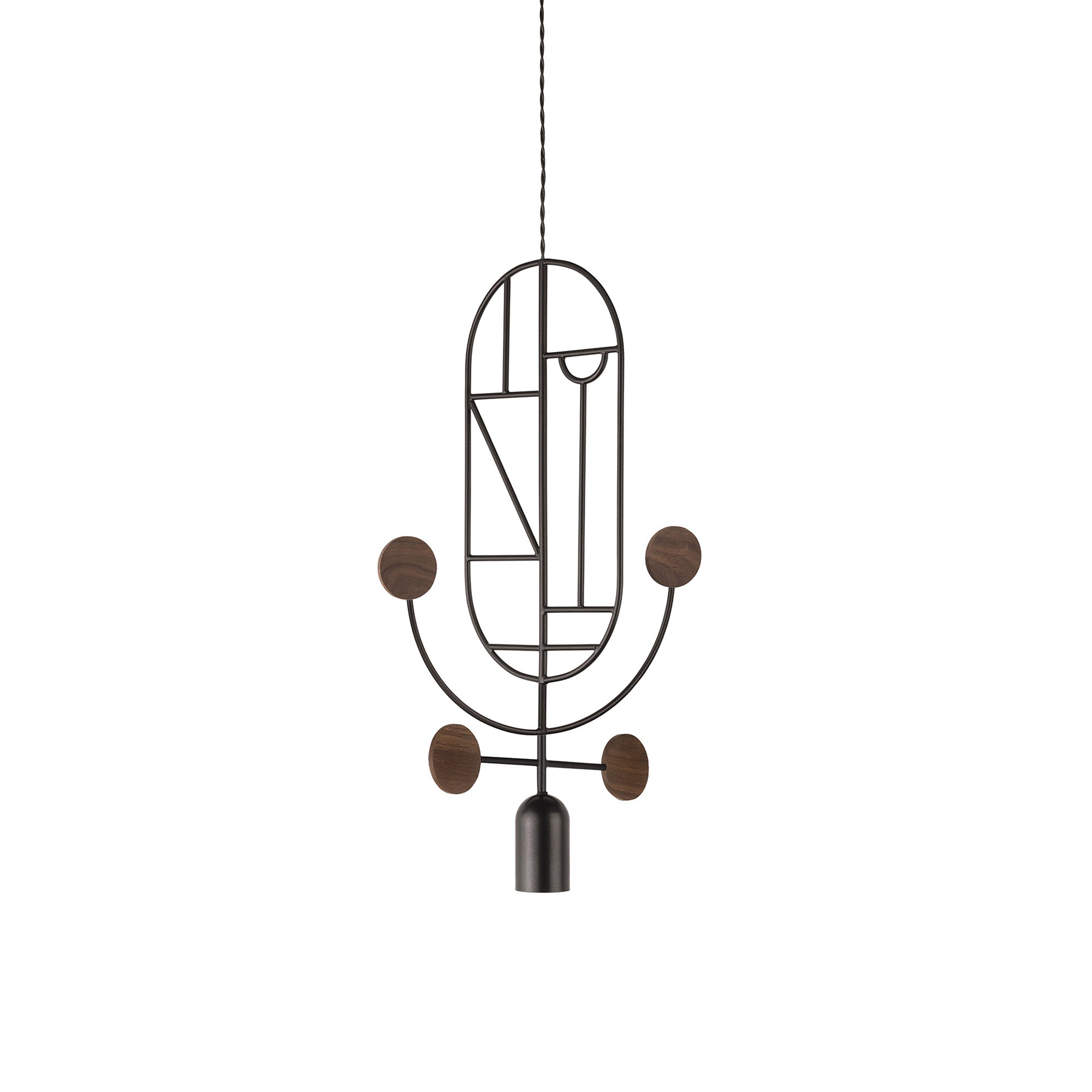 Wooden Dots Suspension Lamp with Stem: Vertical Oval + Graphite + 1 Stem + 1 Curled Stem + Graphite + Walnut