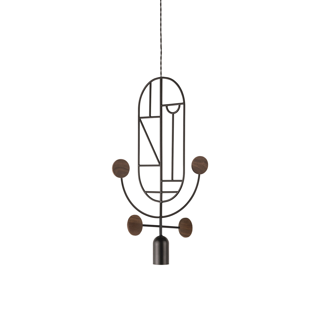 Wooden Dots Suspension Lamp with Stem: Vertical Oval + Graphite + 1 Stem + 1 Curled Stem + Graphite + Walnut