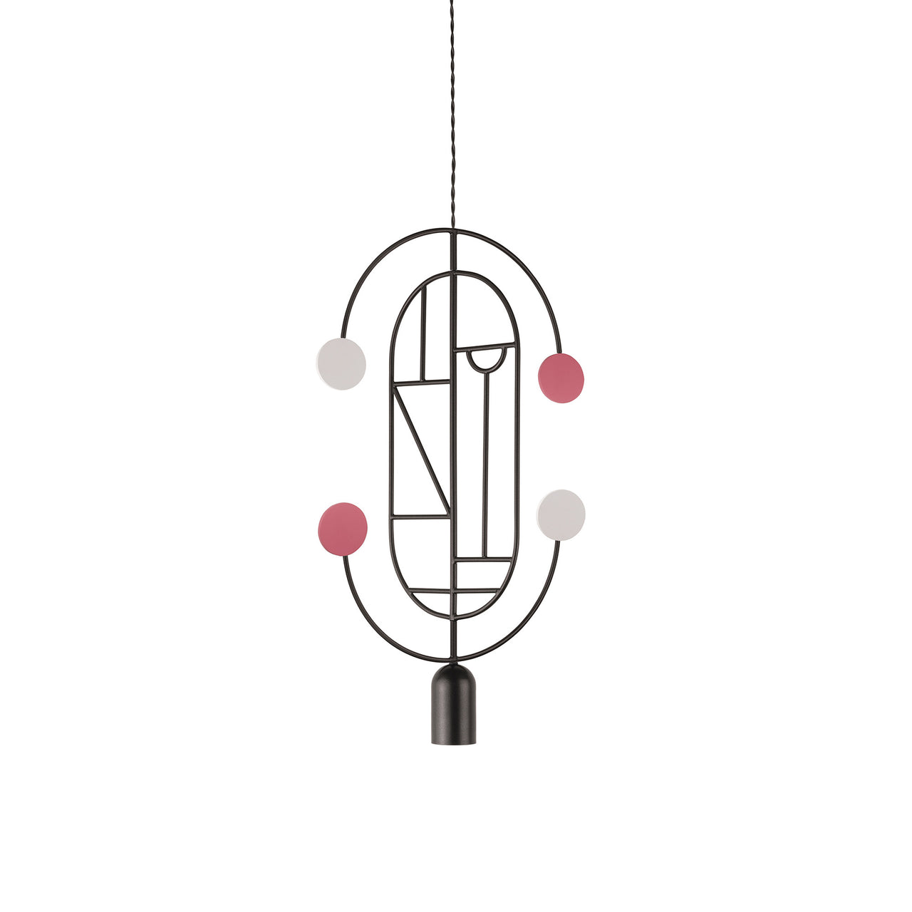 Wooden Dots Suspension Lamp with Stem: Vertical Oval + Graphite + 2 Curled Stem + Graphite + White + Pink