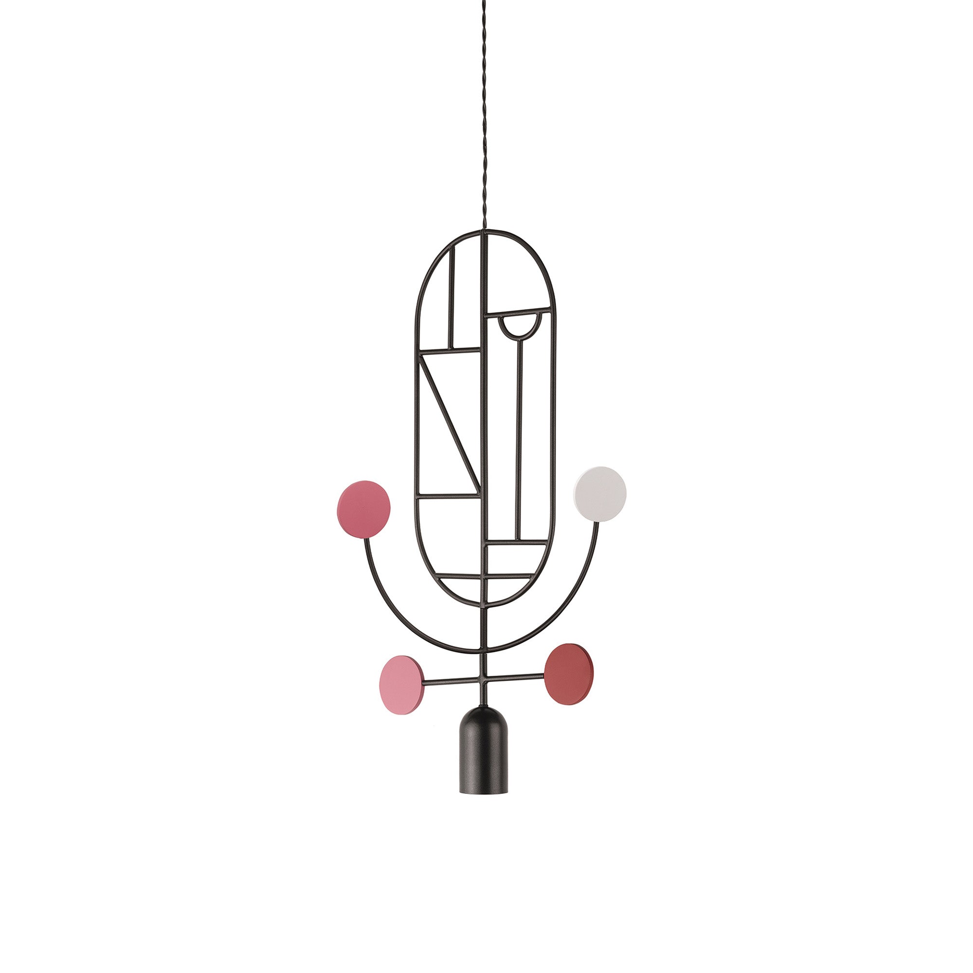 Wooden Dots Suspension Lamp with Stem: Vertical Oval + Graphite + 1 Stem + 1 Curled Stem + Graphite + White + Pink + Red
