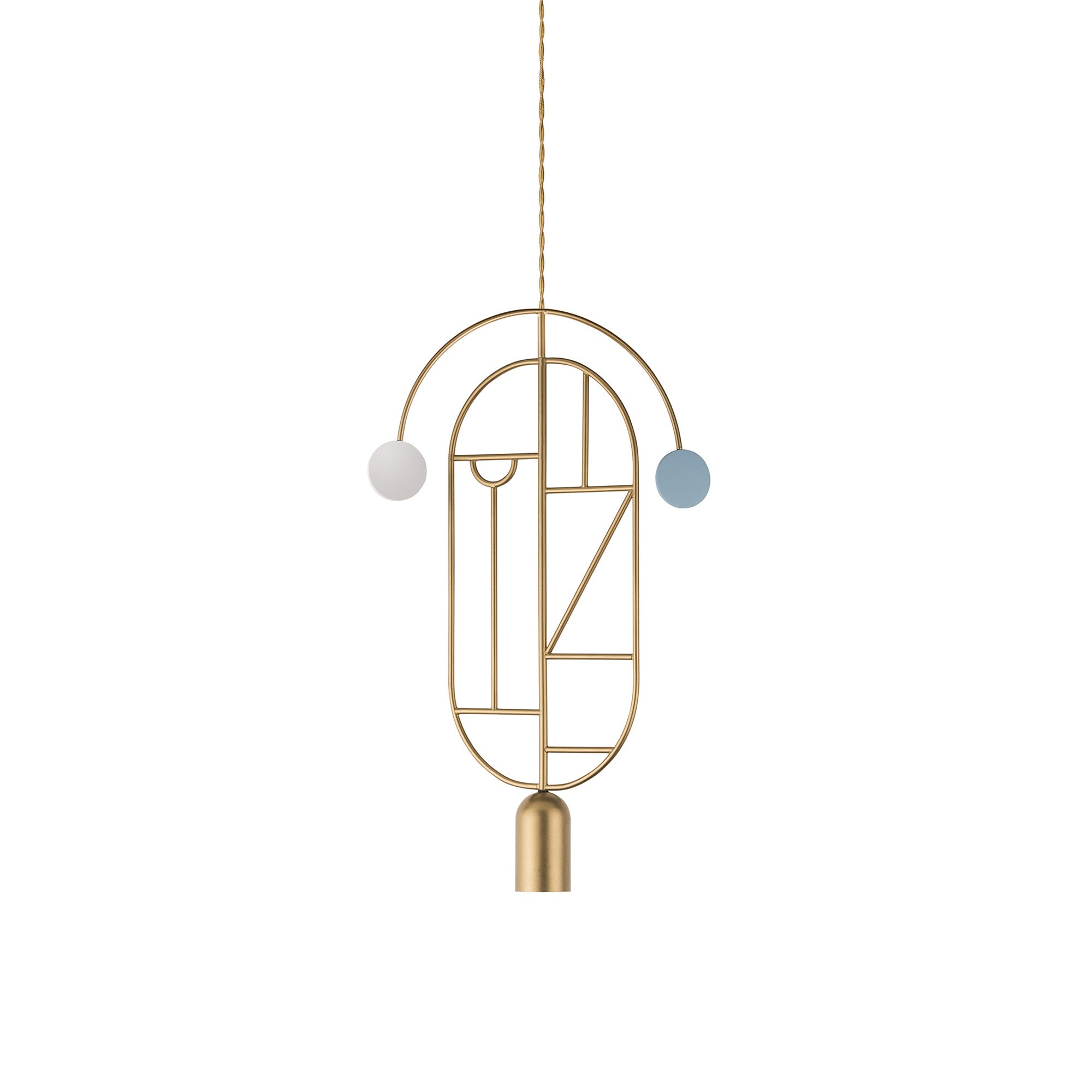 Wooden Dots Suspension Lamp with Stem: Vertical Oval + Gold + 1 Curled Stem + Gold + Blue + White