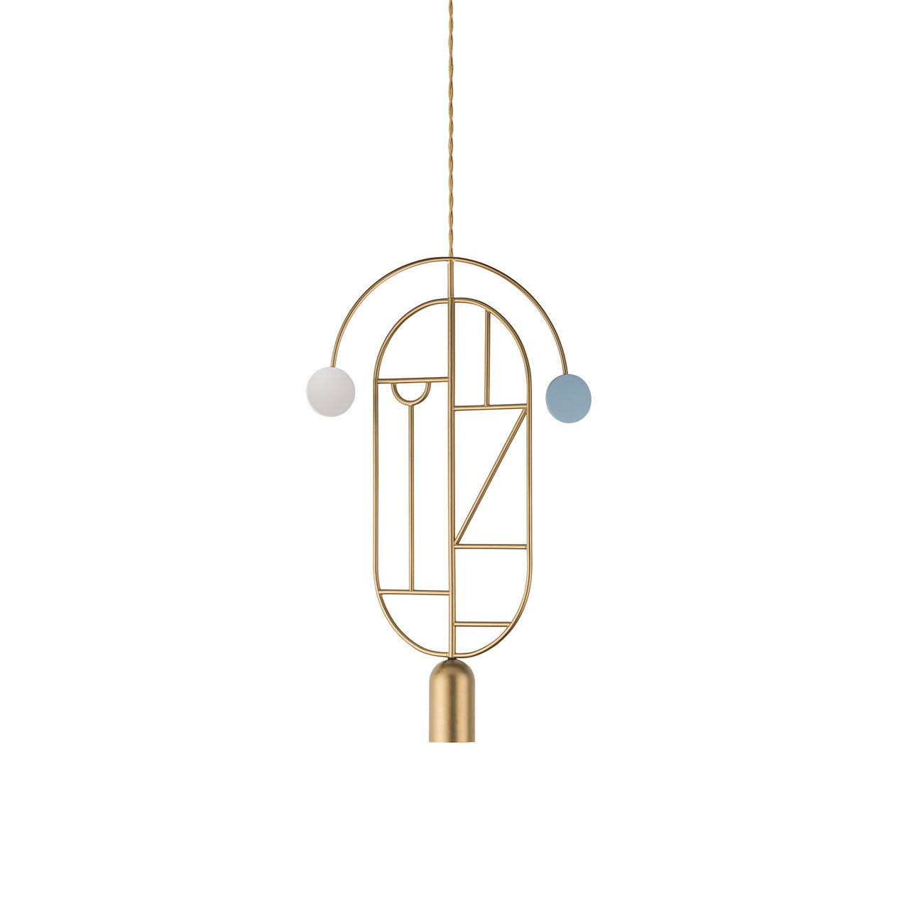 Wooden Dots Suspension Lamp with Stem: Vertical Oval + Gold + 1 Curled Stem + Gold + Blue + White