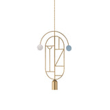 Wooden Dots Suspension Lamp with Stem: Vertical Oval + Gold + 1 Curled Stem + Gold + Blue + White