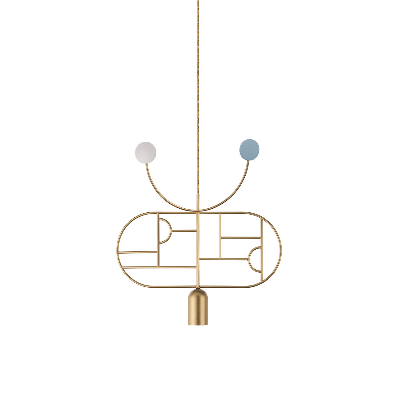 Wooden Dots Suspension Lamp with Stem: Horizontal Oval + Gold + 1 Curled Stem + Gold + Blue + White
