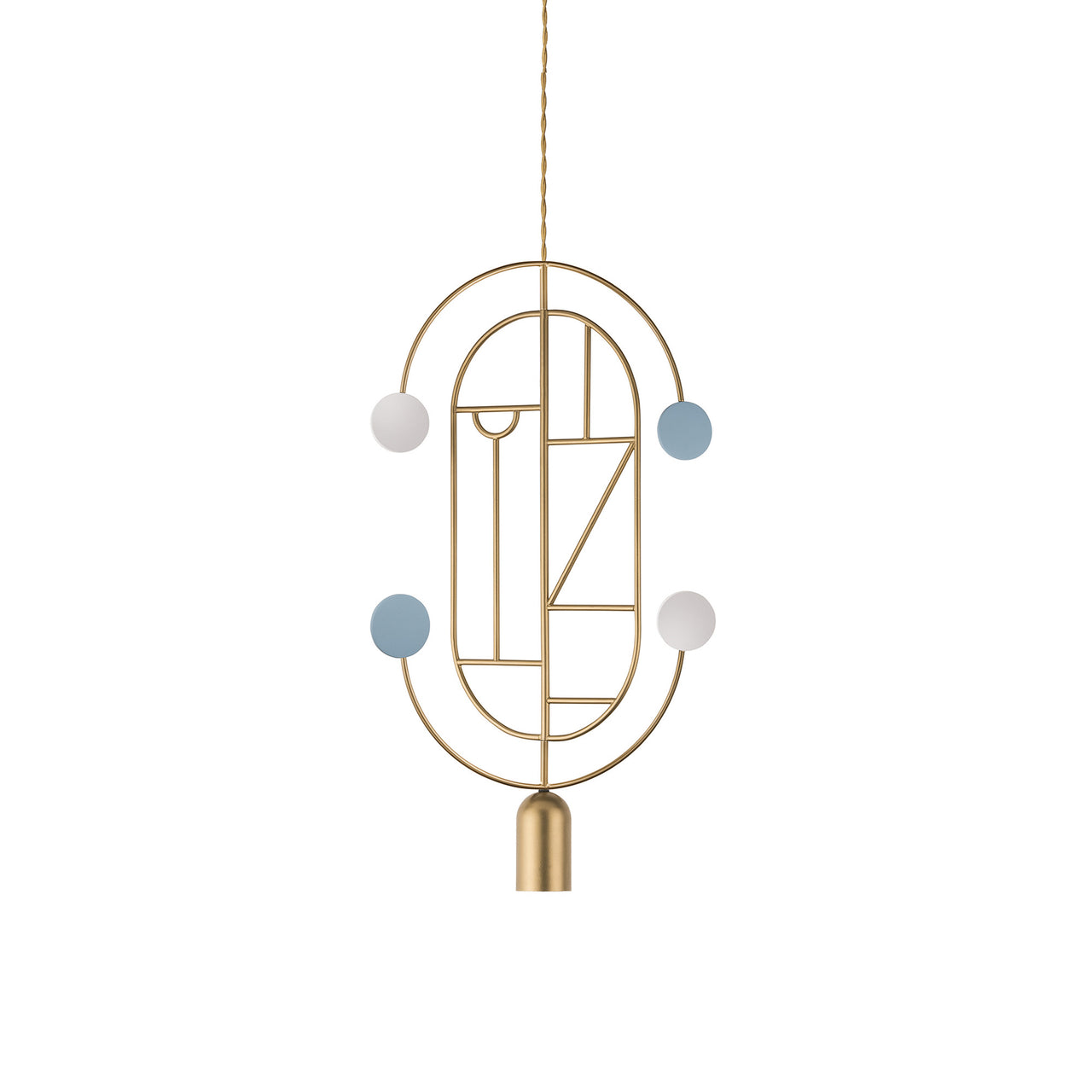 Wooden Dots Suspension Lamp with Stem: Vertical Oval + Gold + 2 Curled Stem + Gold + Blue + White