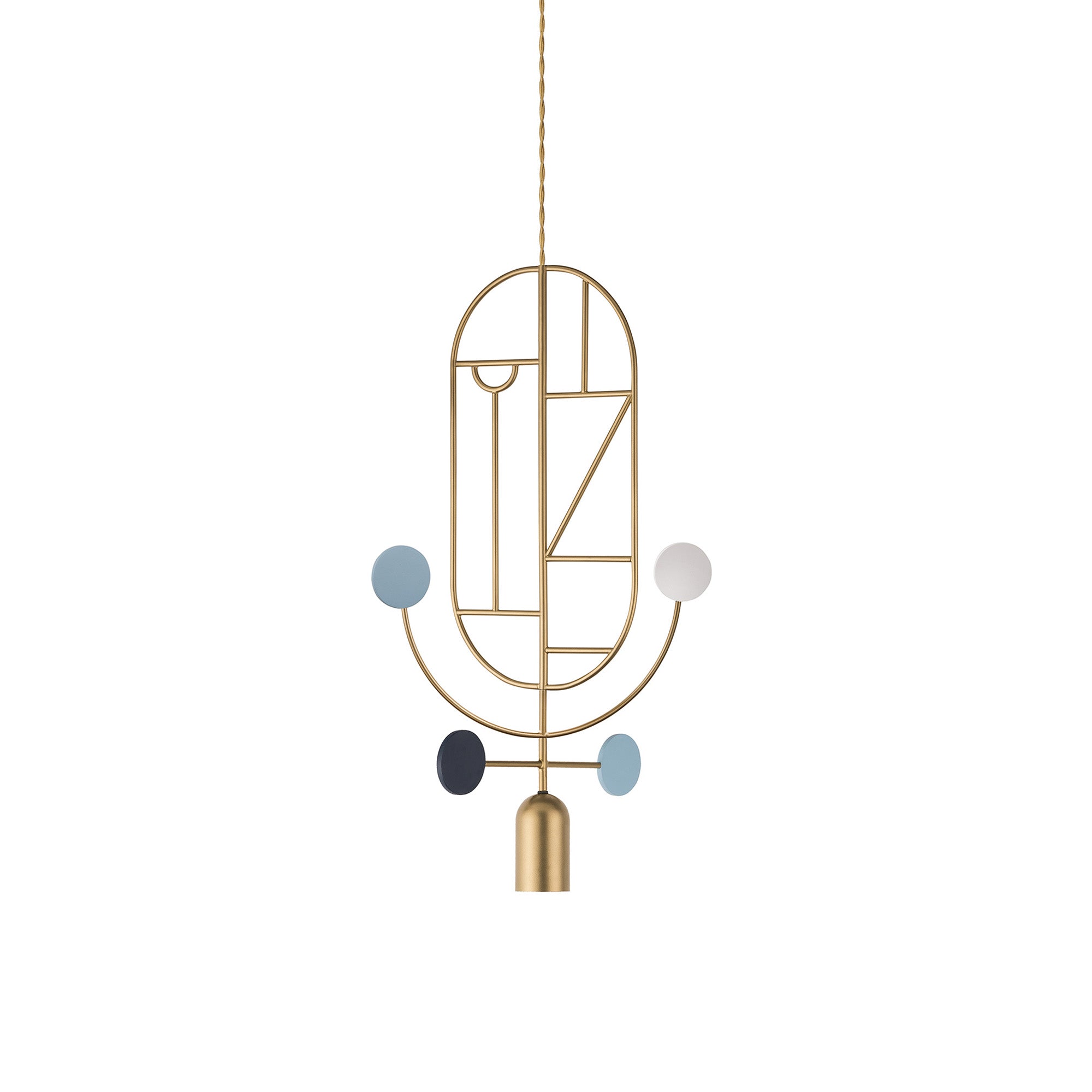 Wooden Dots Suspension Lamp with Stem: Vertical Oval + Gold + 1 Stem + 1 Curled Stem + Gold + Blue + White