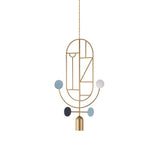 Wooden Dots Suspension Lamp with Stem: Vertical Oval + Gold + 1 Stem + 1 Curled Stem + Gold + Blue + White