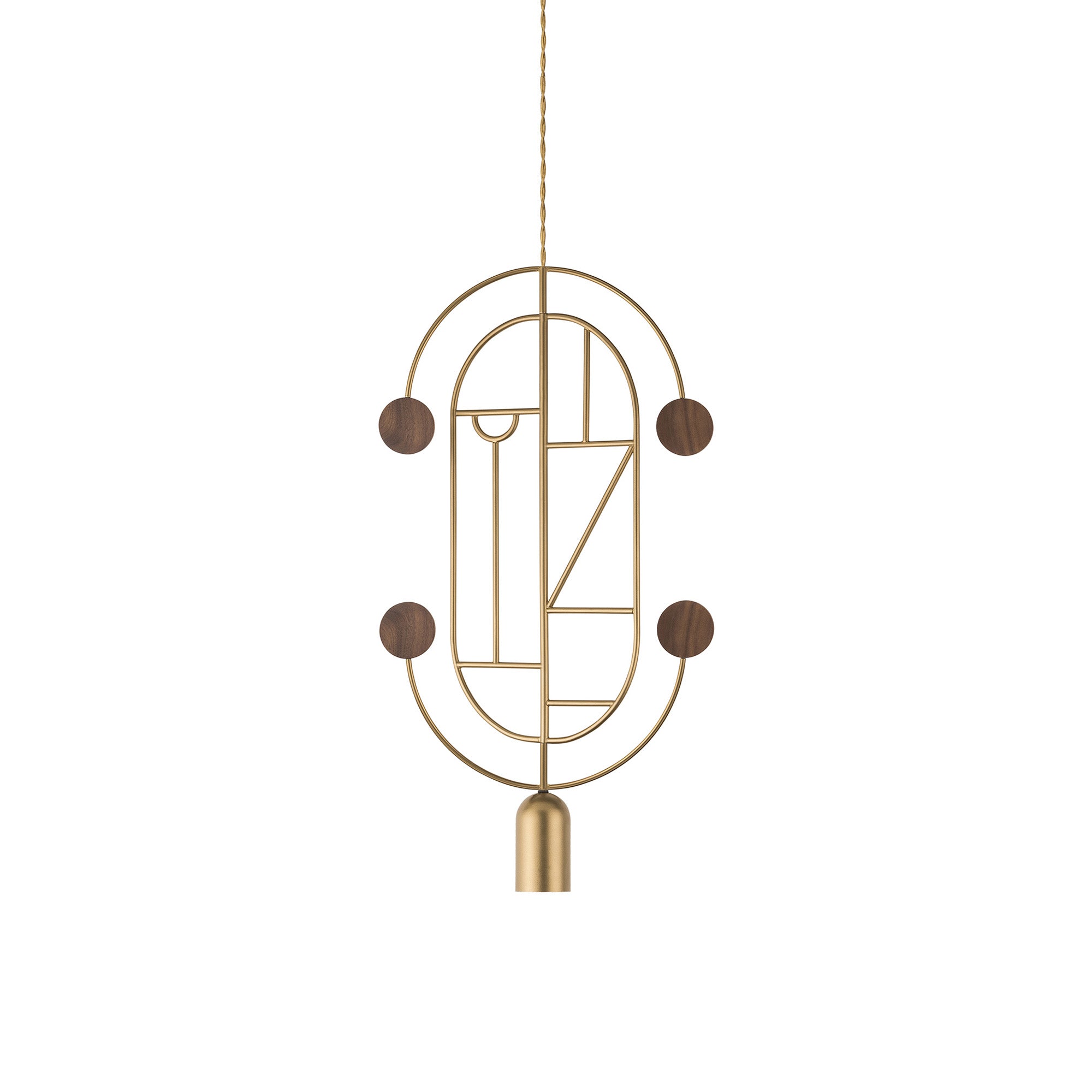 Wooden Dots Suspension Lamp with Stem: Vertical Oval + Gold + 2 Curled Stem + Gold + Walnut