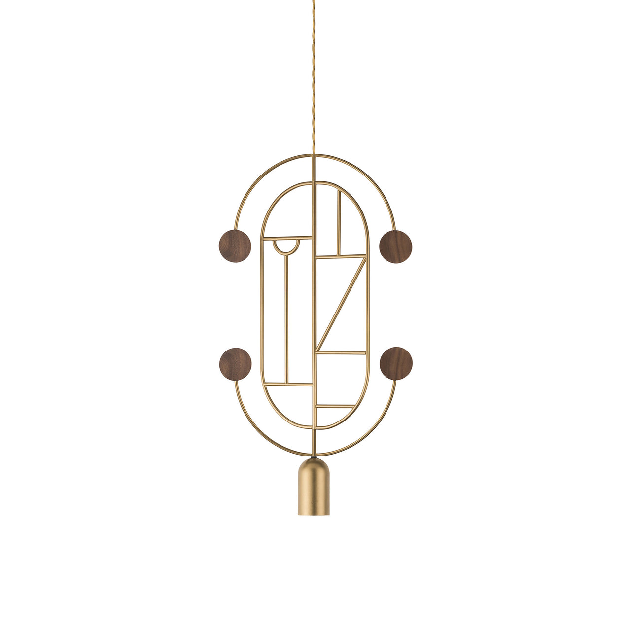 Wooden Dots Suspension Lamp with Stem: Vertical Oval + Gold + 2 Curled Stem + Gold + Walnut