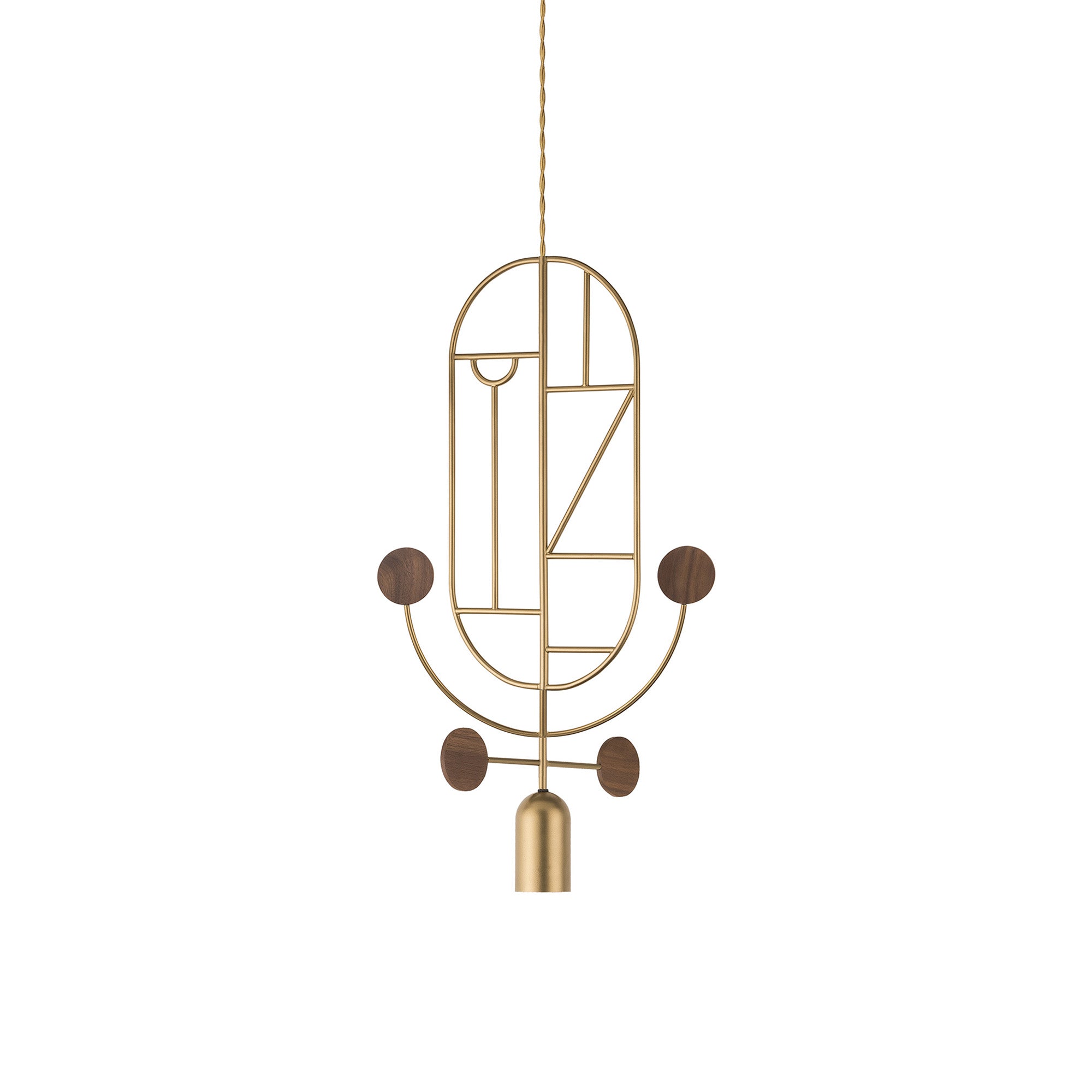 Wooden Dots Suspension Lamp with Stem: Vertical Oval + Gold + 1 Stem + 1 Curled Stem + Gold + Walnut