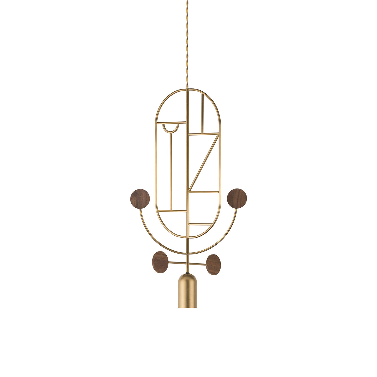 Wooden Dots Suspension Lamp with Stem: Vertical Oval + Gold + 1 Stem + 1 Curled Stem + Gold + Walnut