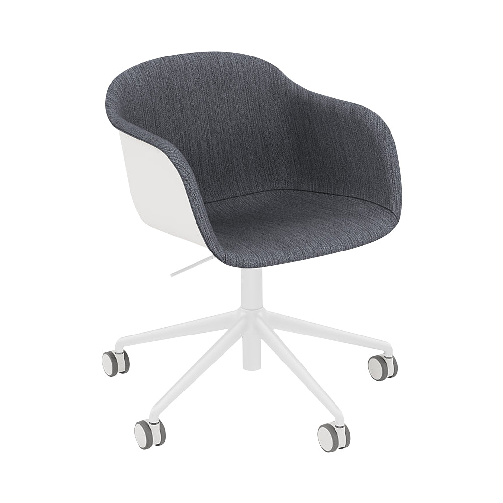 Fiber Armchair Swivel Base with Castors + Gaslift: Front Upholstered + Recycled Shell + White + Natural White
