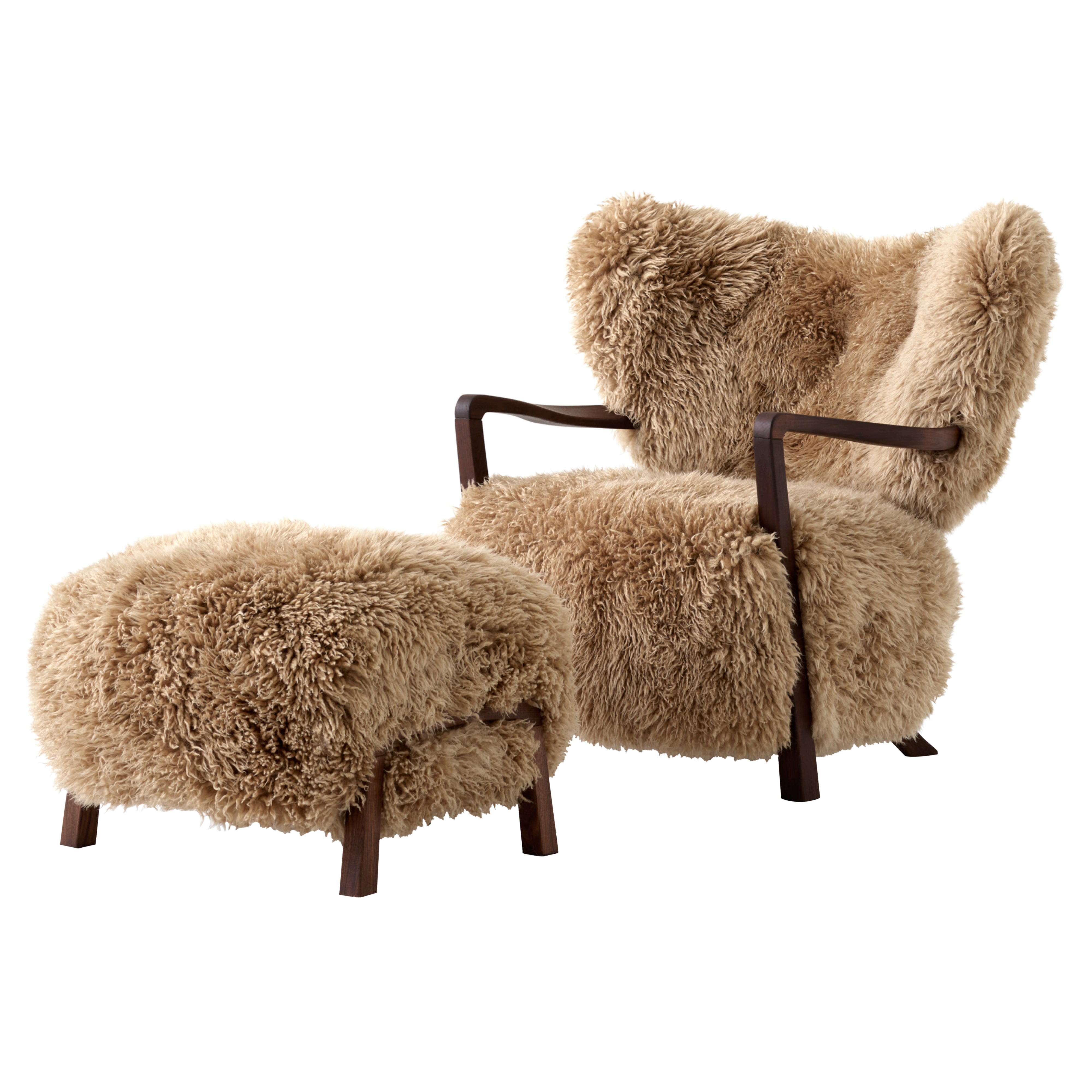 Wulff Lounge Chair ATD2 + Pouf ATD3: Walnut + Sheepskin Honey