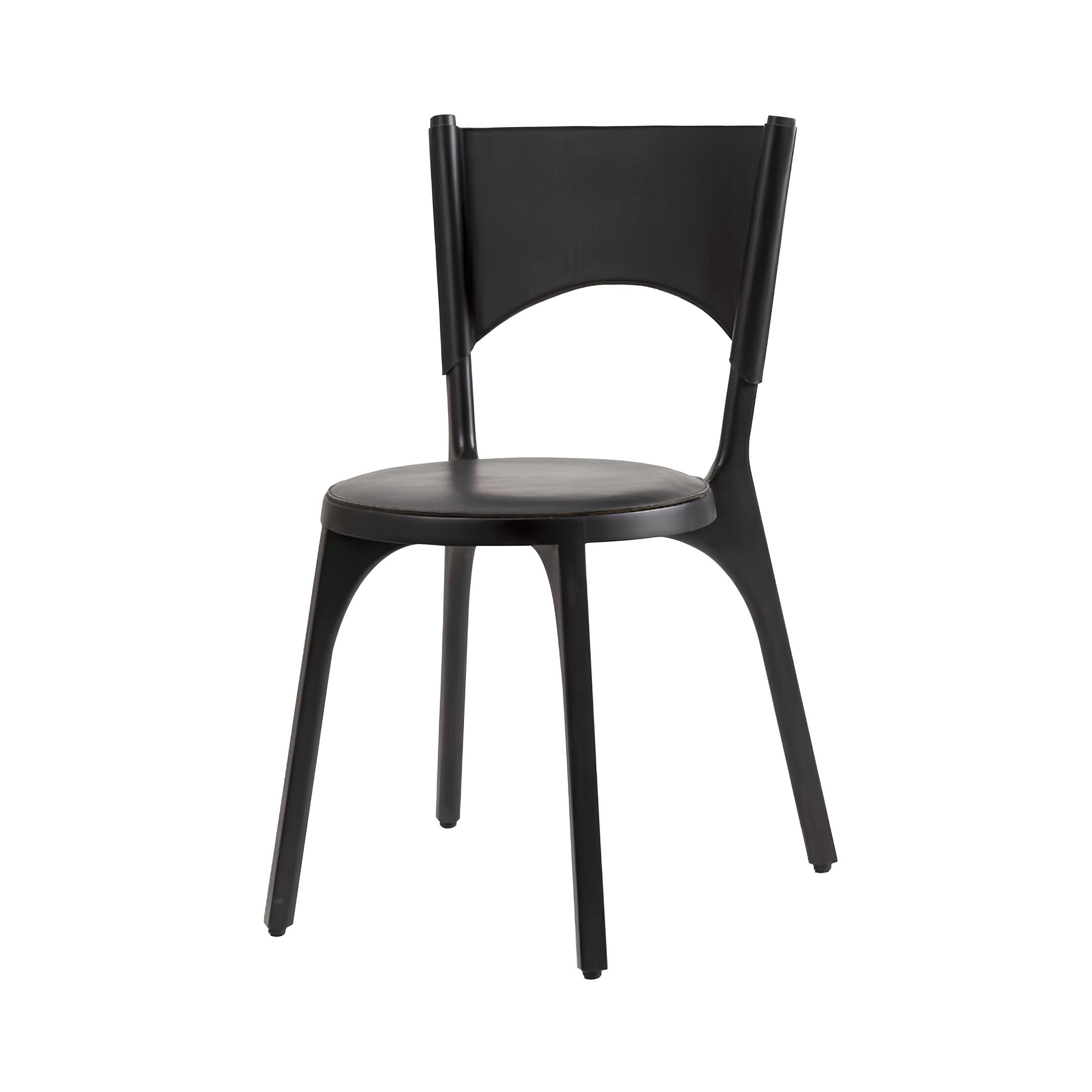 Café Tattoo Stacking Chair: Carved - Upholstery + Perla + Black Saddle Leather Cushion
