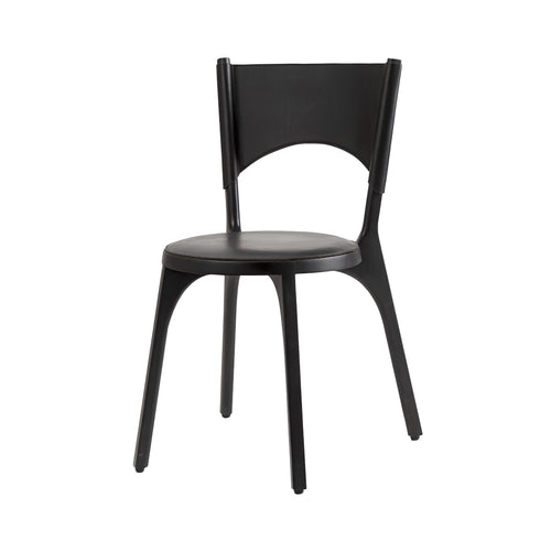 Café Tattoo Stacking Chair: Carved - Upholstery + Perla + Black Saddle Leather Cushion