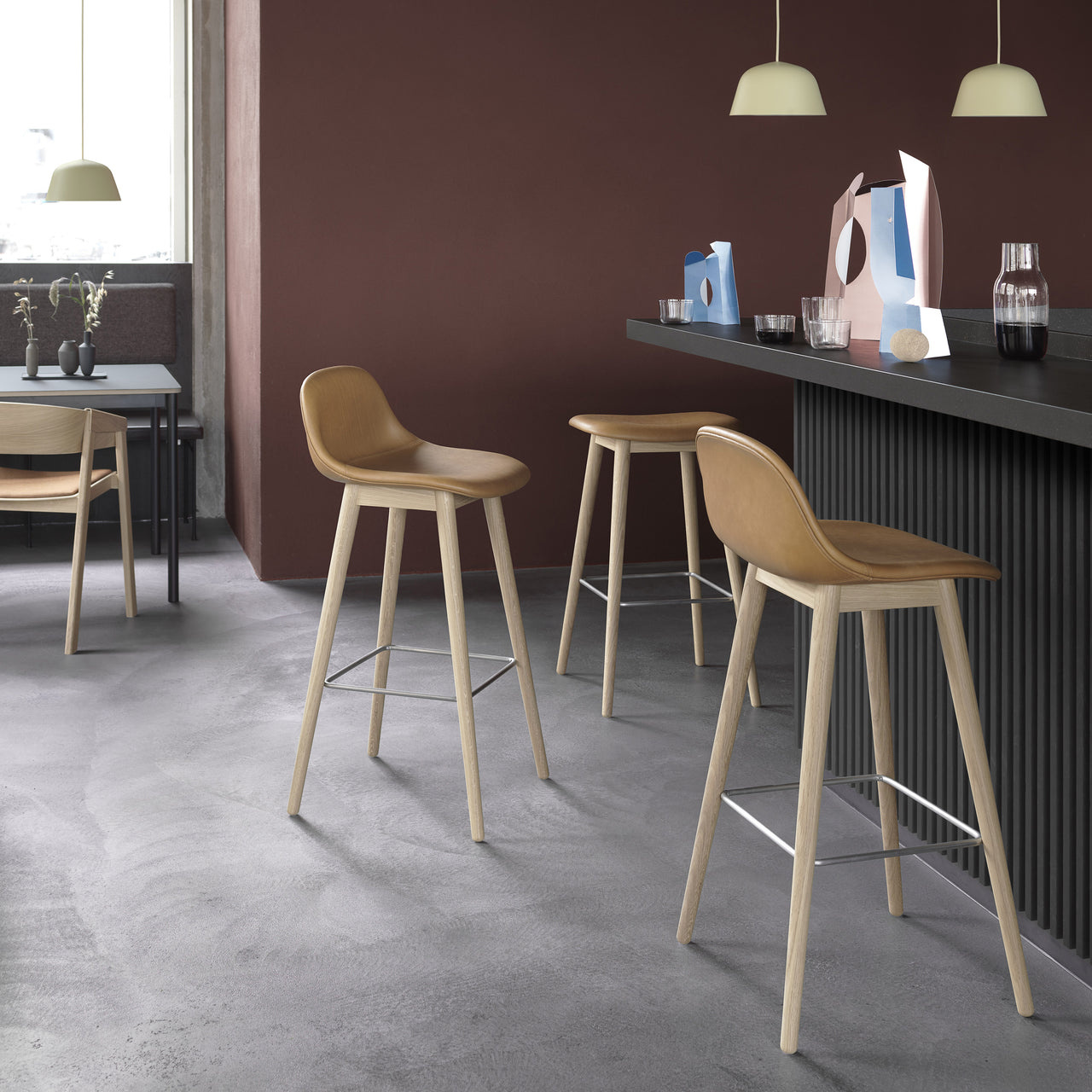 Fiber Bar + Counter Stool with Backrest: Wood Base + Upholstered