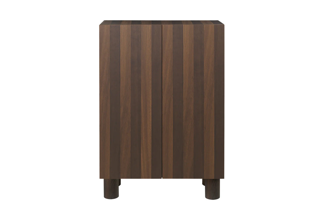 Wooden cabinet with striped pattern on a white background