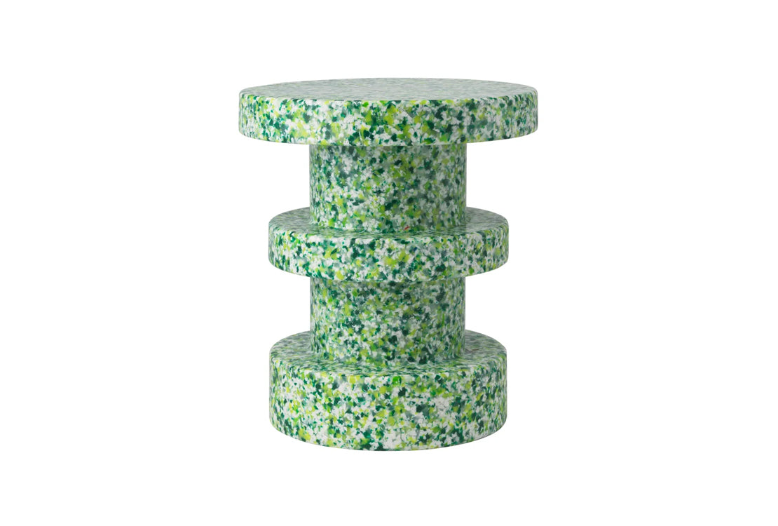 A modern three-tier side table made of speckled green and white recycled plastic shown on a solid white background.