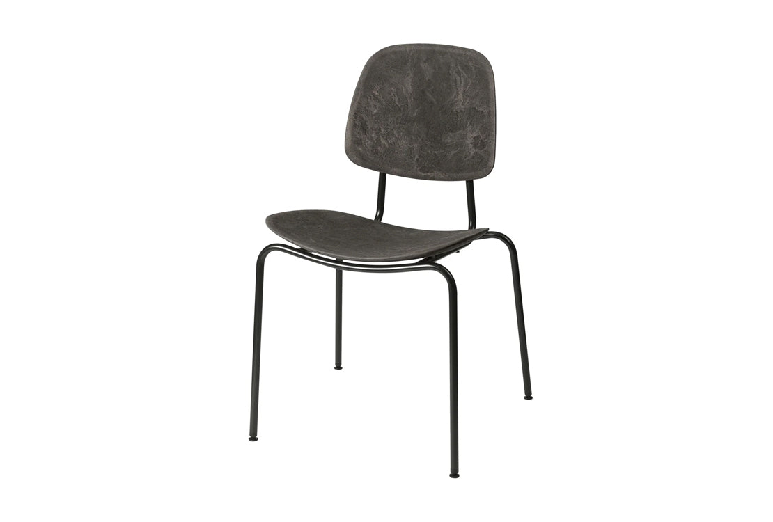 A modern dining chair with a dark gray textured fabric seat and backrest, supported by a slim black metal frame, shown against a plain white background.