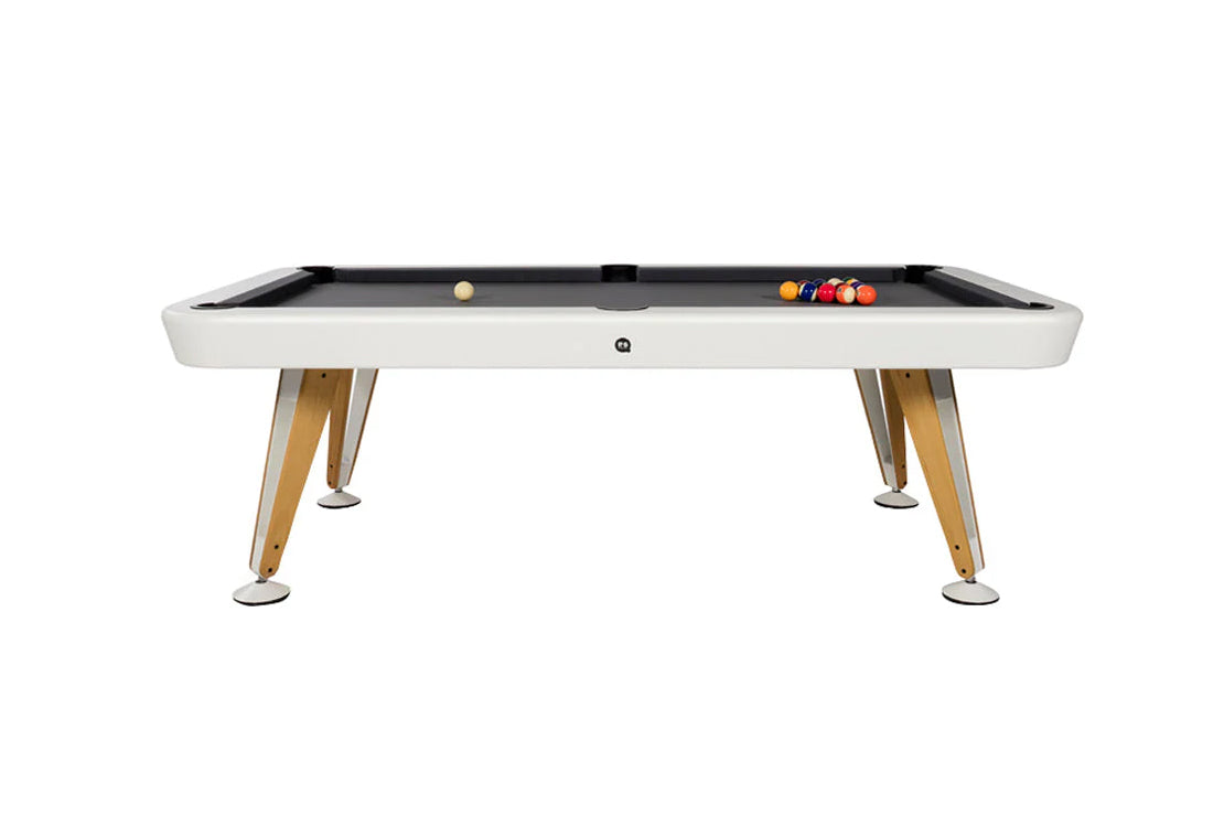 Pool table with white surface and wood legs on a white background