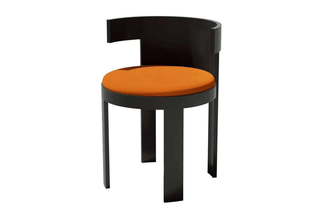 Chair with black frame and orange cushion on a white background