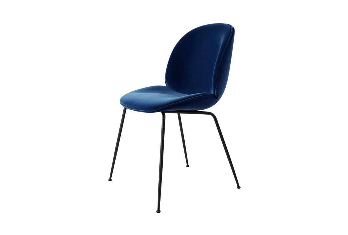 Blue chair with black legs on a white background