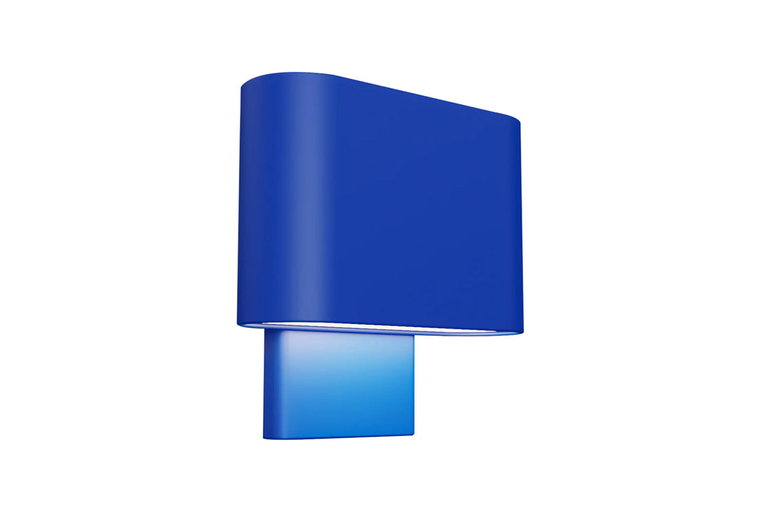 Blue wall light fixture on a white background