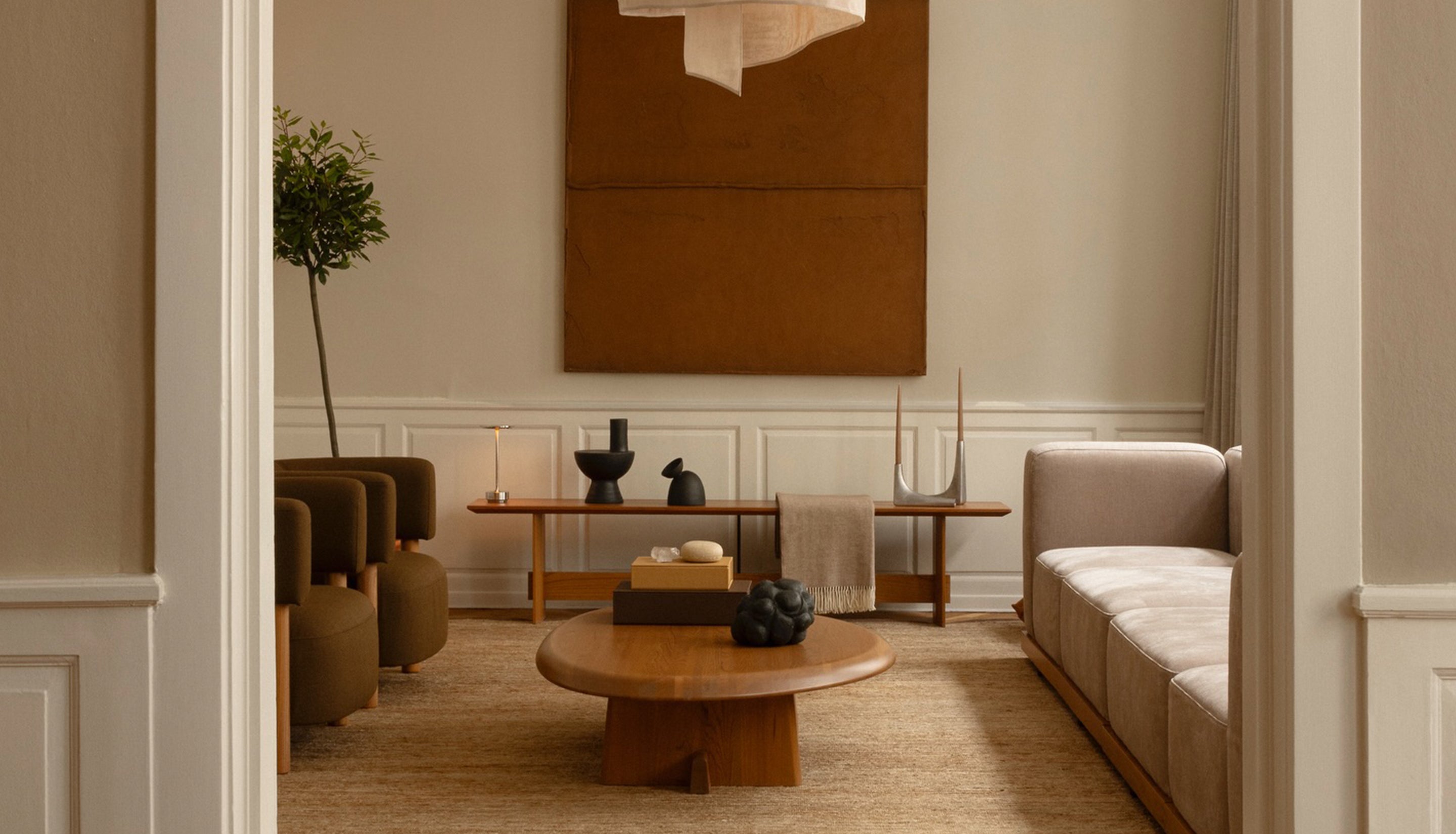 Modern living room with neutral tones and minimal decor