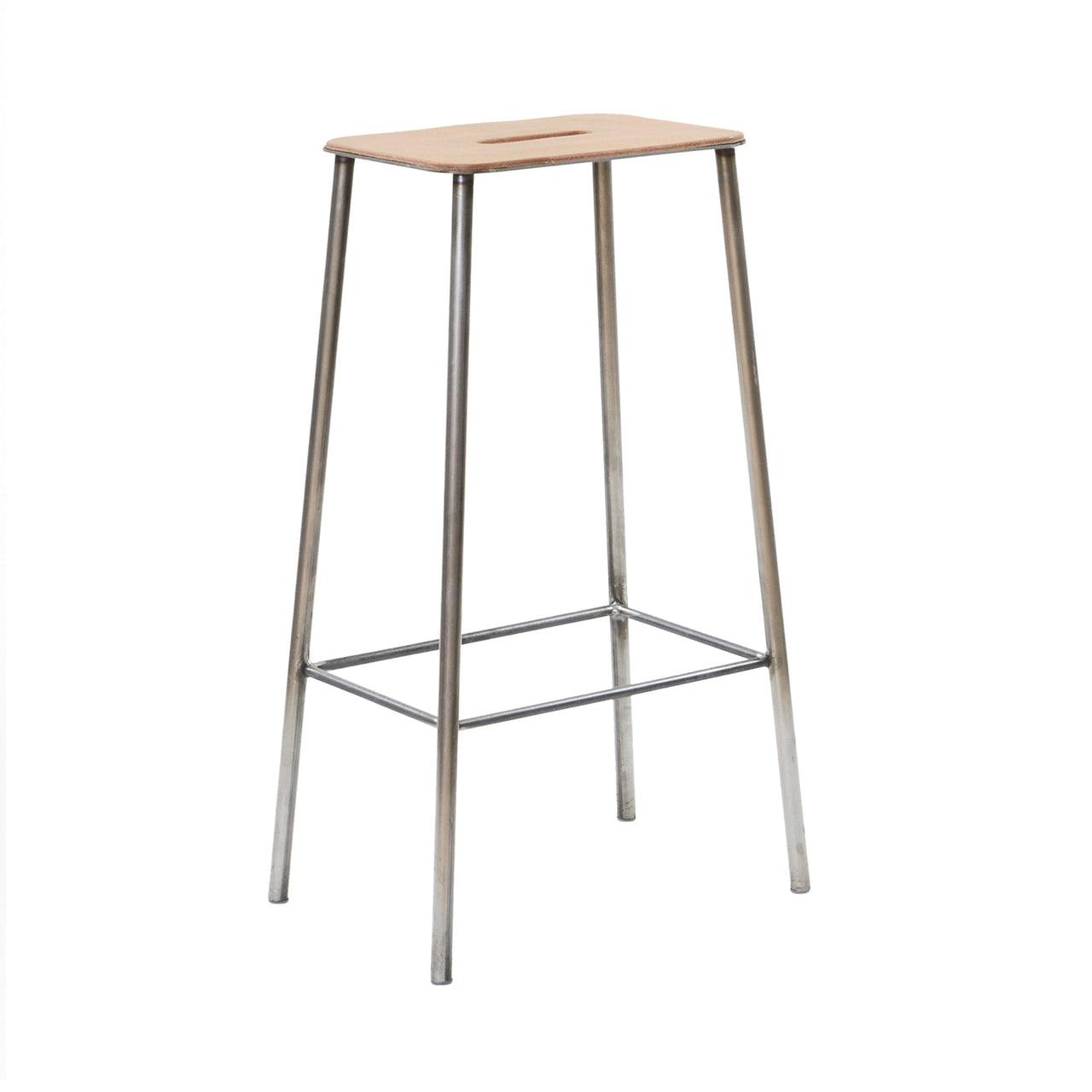 Adam Stool: Upholstered + Bar + Raw Steel + Natural Leather