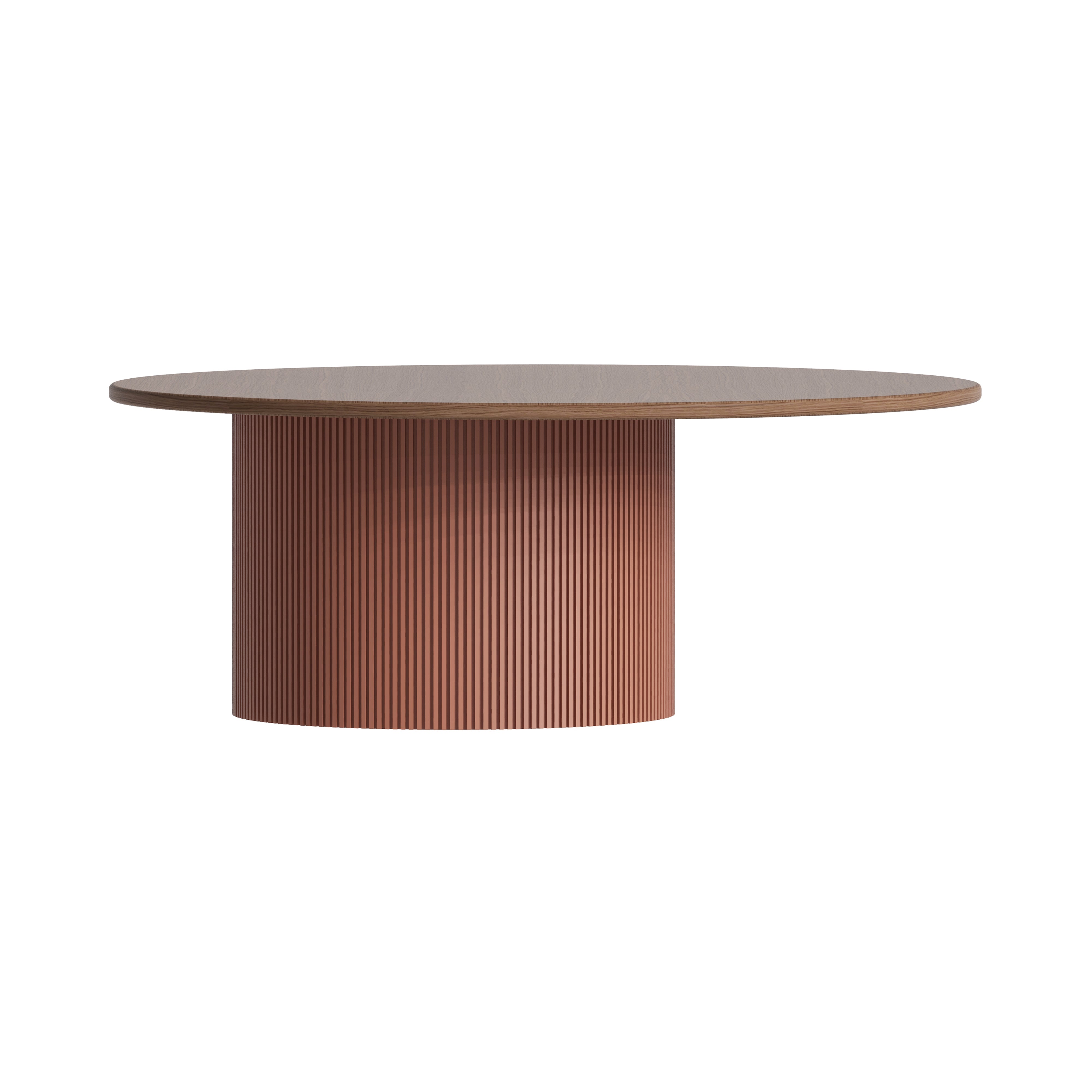 Dune Coffee Table: Round + Walnut Stained Oak + Copper