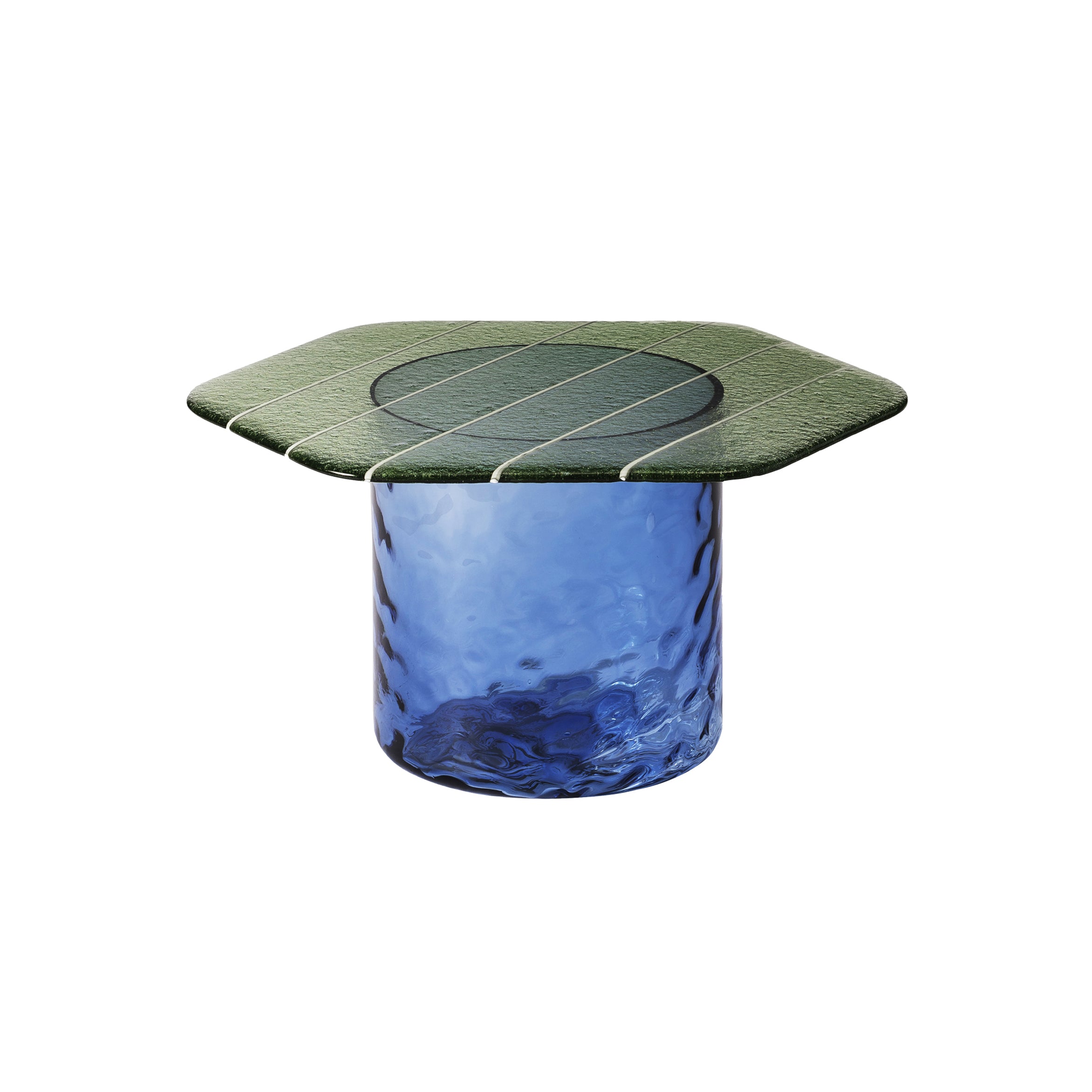Striche Coffee Table: Menta Cast Glass + Blu Water Blown Glass