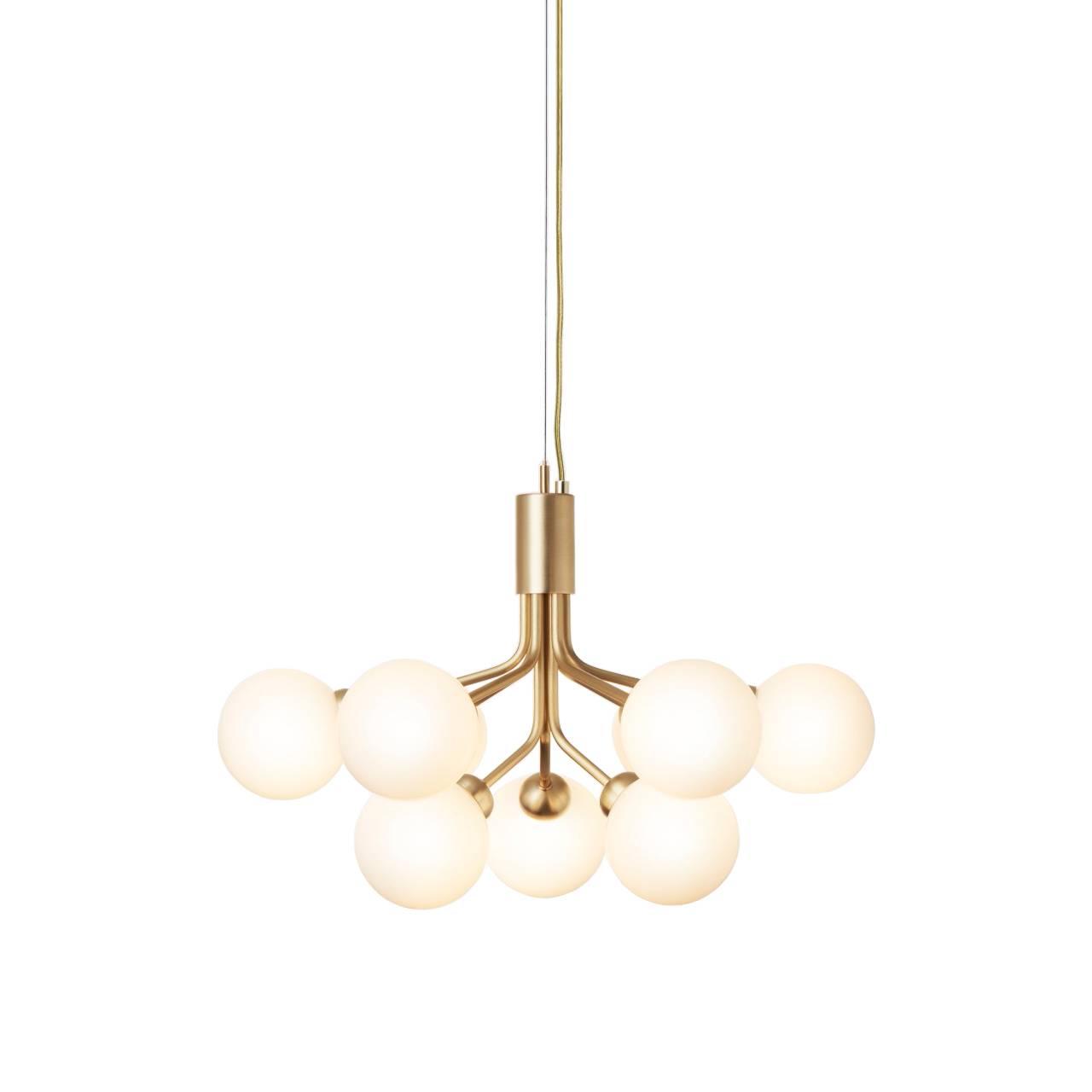 Apiales 9 Chandelier: Brushed Brass + Opal White + Gold