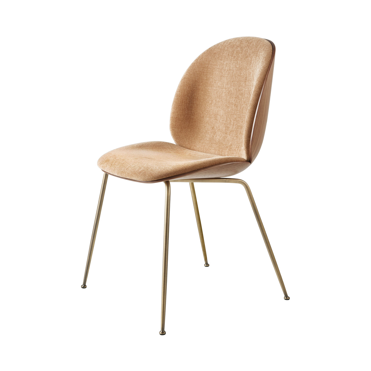Beetle Dining Chair Conic Base: Veneer Shell + Front Upholstered + American Walnut + Brass Semi Matt