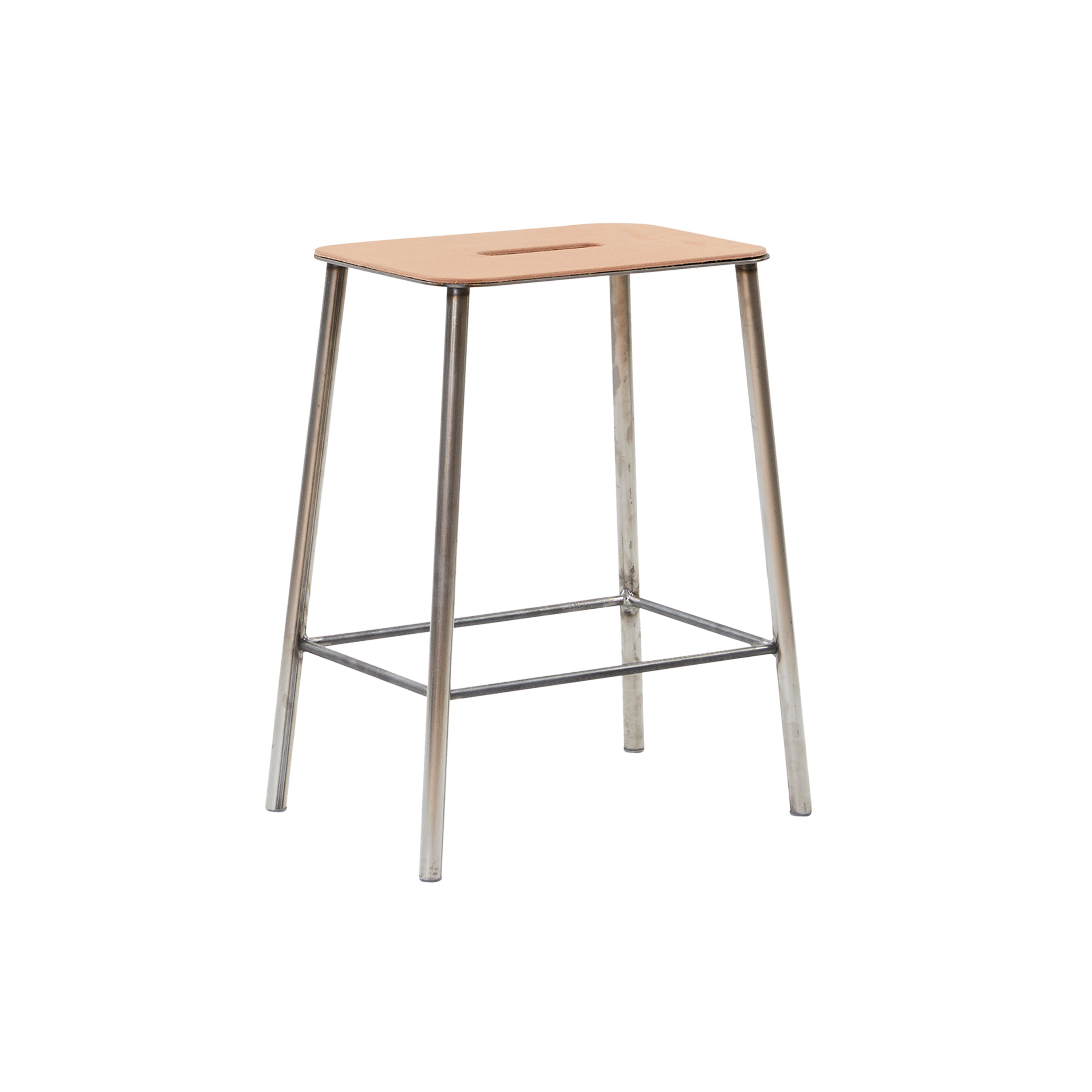 Adam Stool: Upholstered + Dining + Raw Steel + Natural Leather