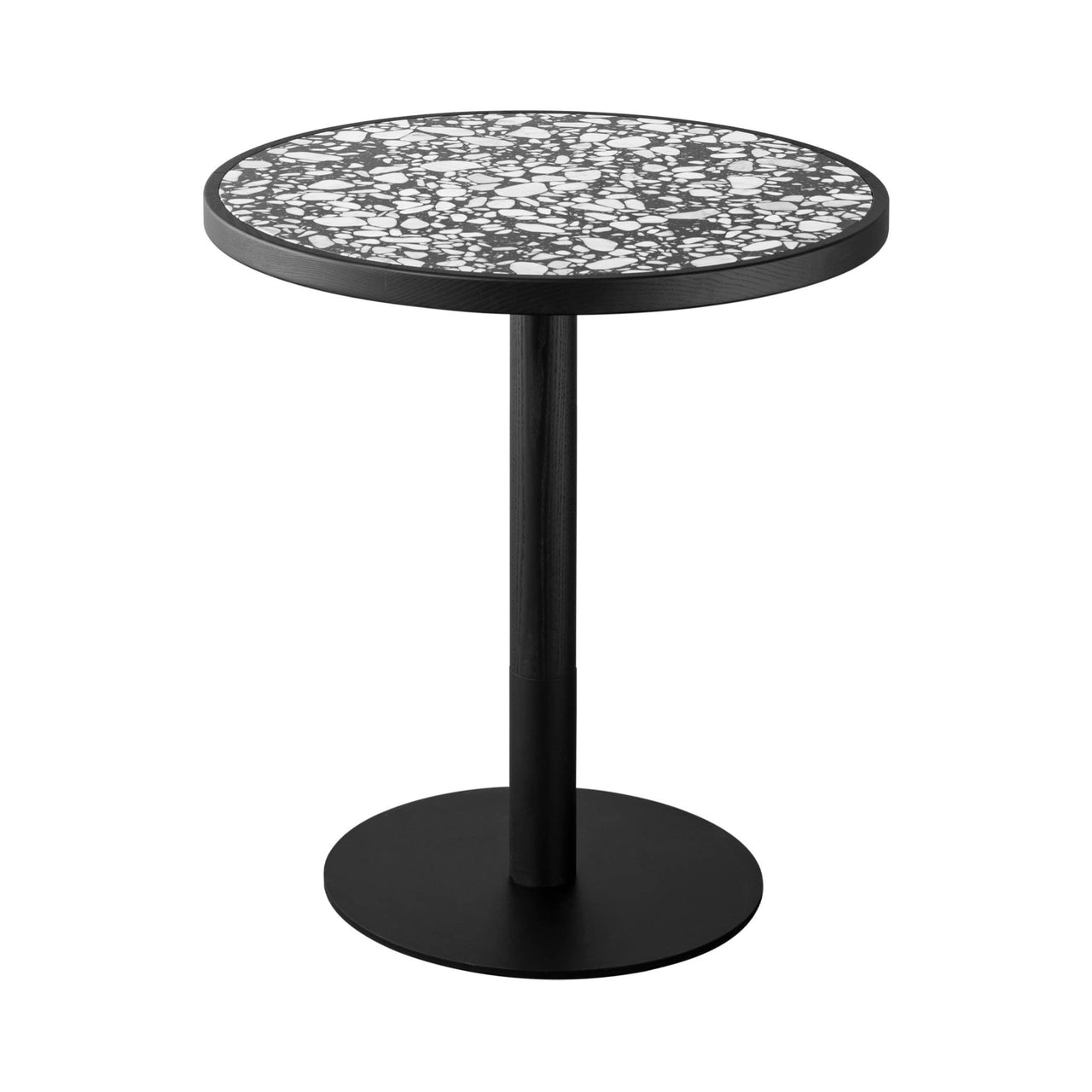 Briscola Bistro Table with Wooden Frame: Marble Top + Round + Palladio Moro Marble + Black Ash + Lacquered Black