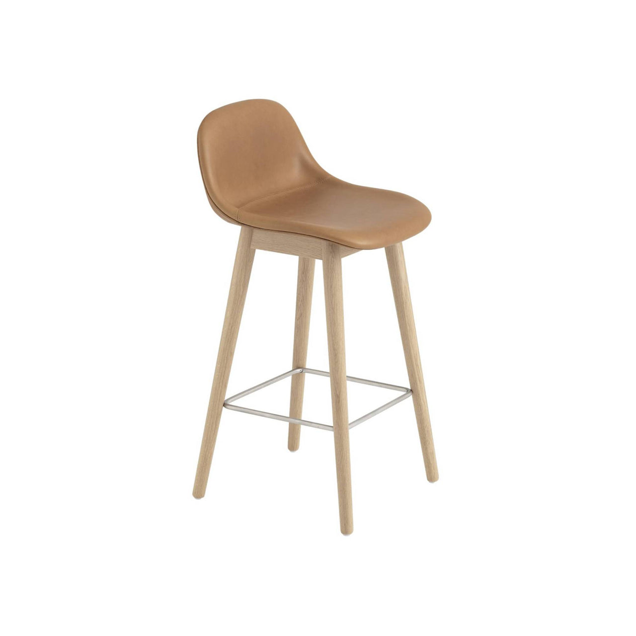 Fiber Bar + Counter Stool with Backrest: Wood Base + Upholstered + Counter + Oak + Black Refine Leather