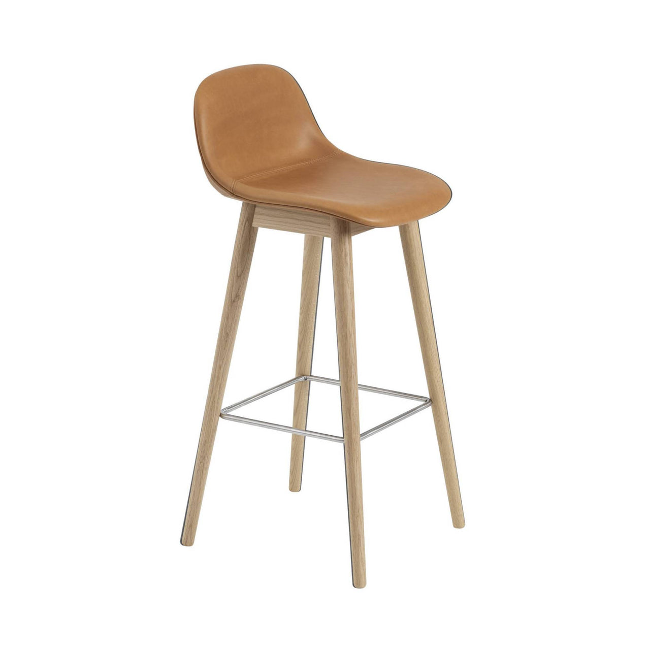 Fiber Bar + Counter Stool with Backrest: Wood Base + Upholstered + Bar + Oak + Black Refine Leather