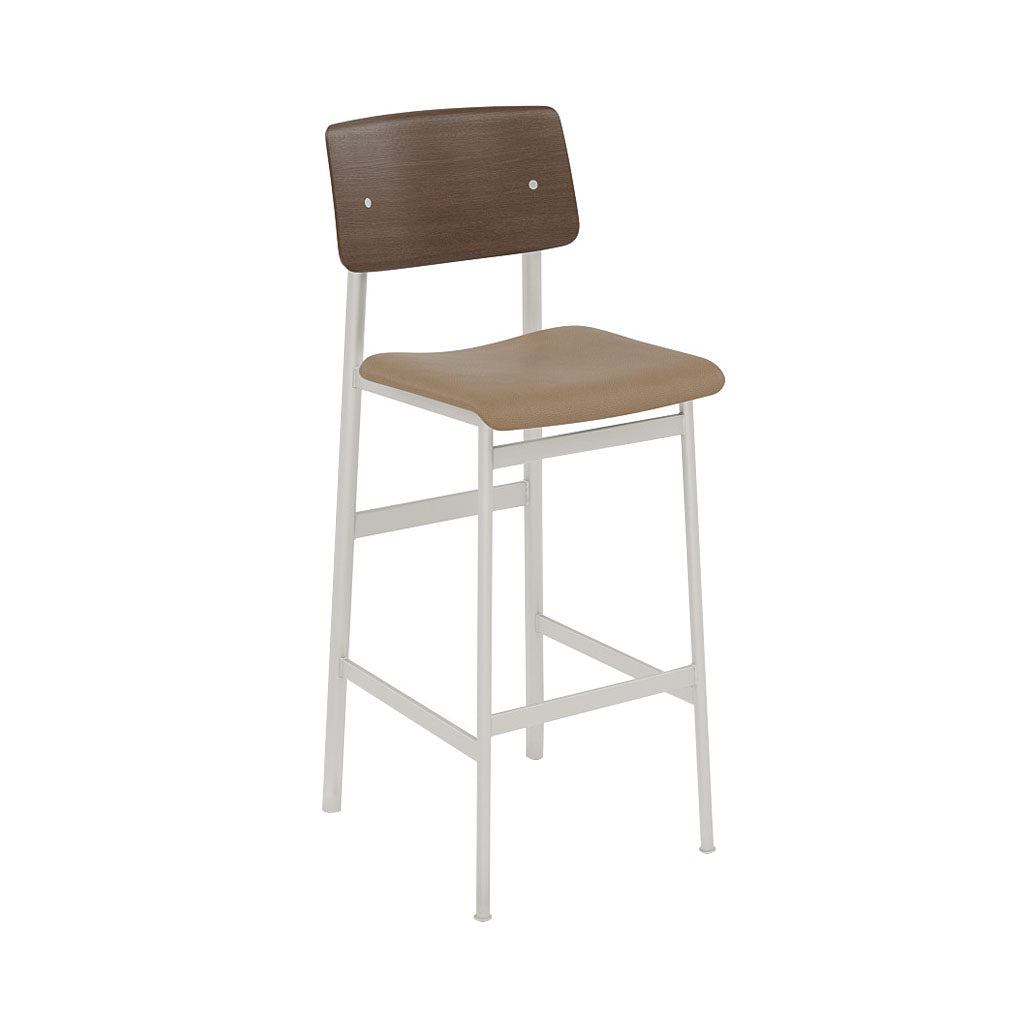 Loft Bar Stool: Upholstered + Grey + Stained Dark Brown