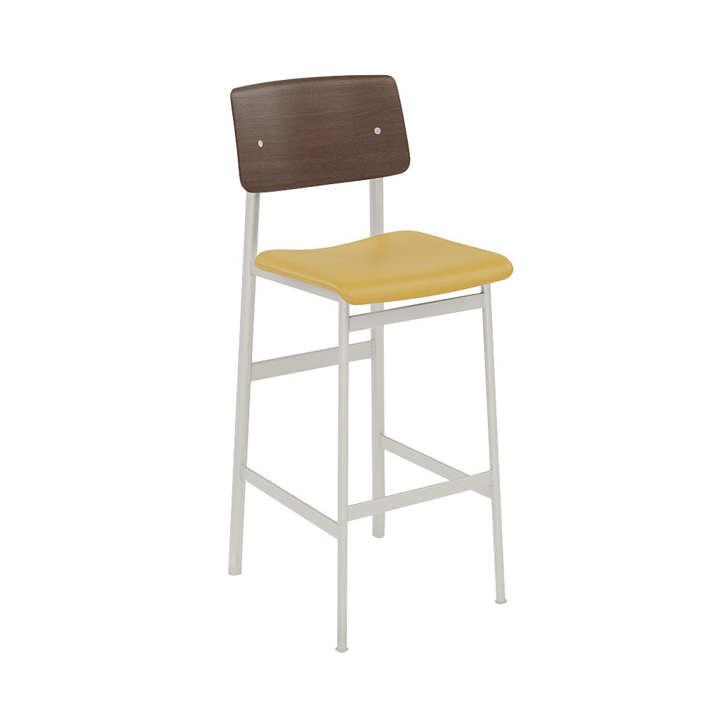 Loft Bar Stool: Upholstered + Grey + Stained Dark Brown