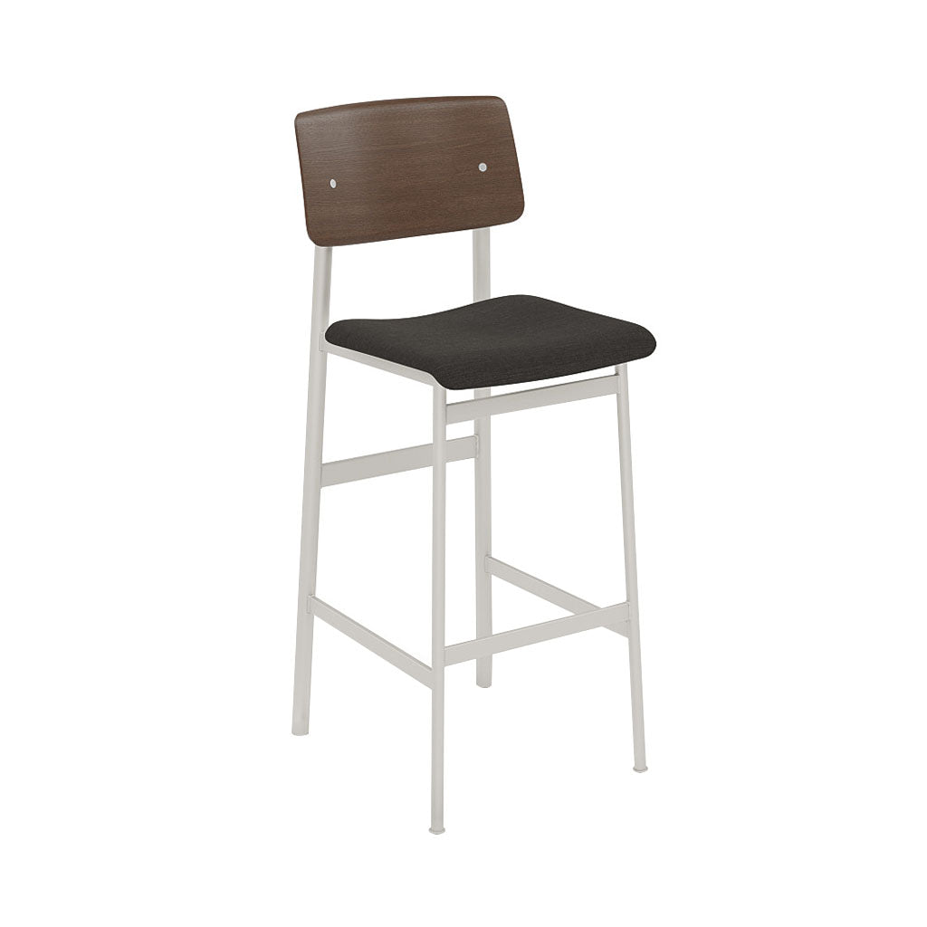 Loft Bar Stool: Upholstered + Grey + Stained Dark Brown