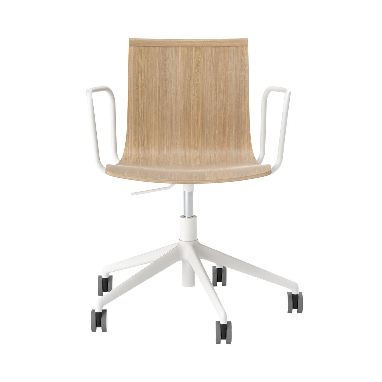 Serif Chair: 5 Star Base with Armrests + White + Natural Oak