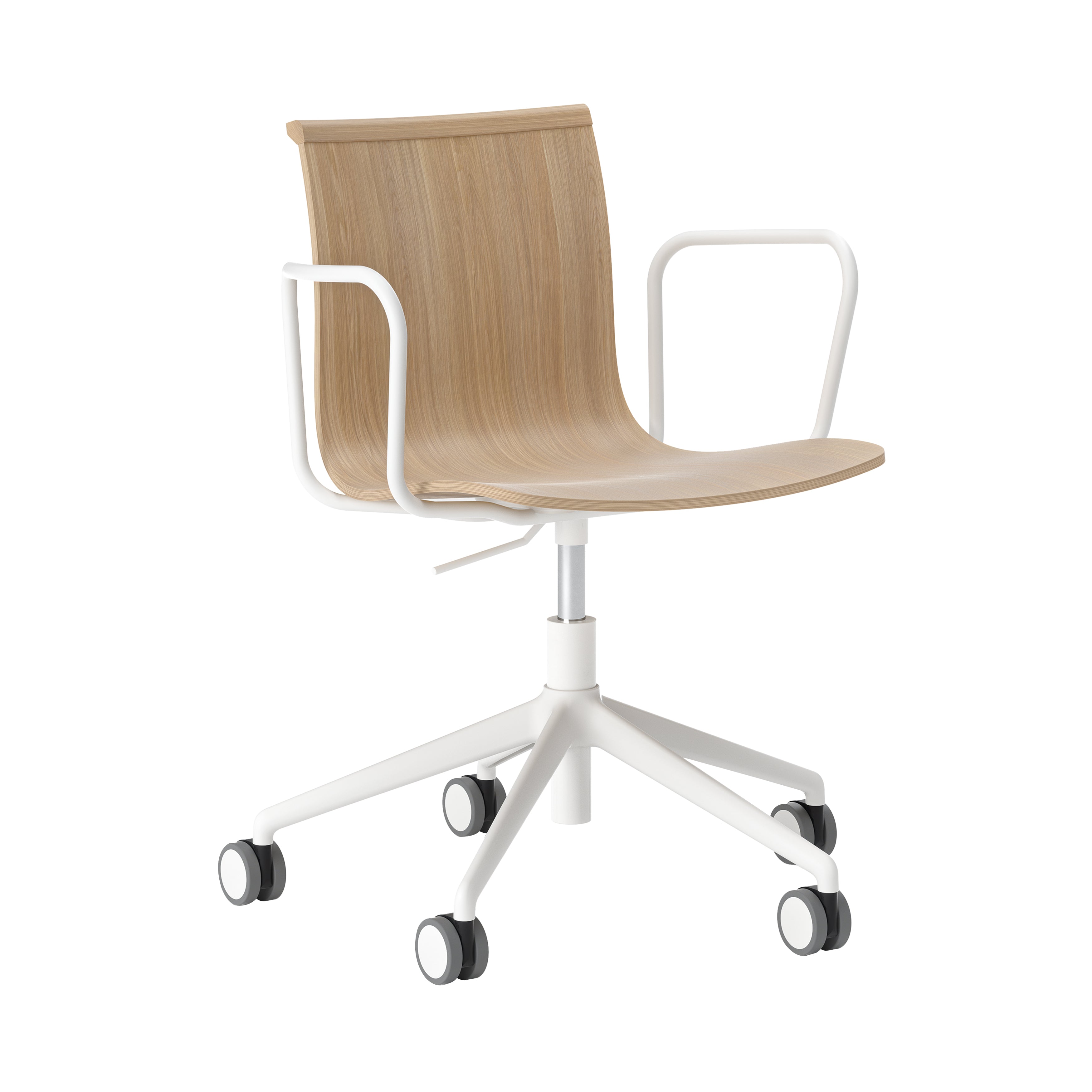 Serif Chair: 5 Star Base with Armrests + White + Natural Oak
